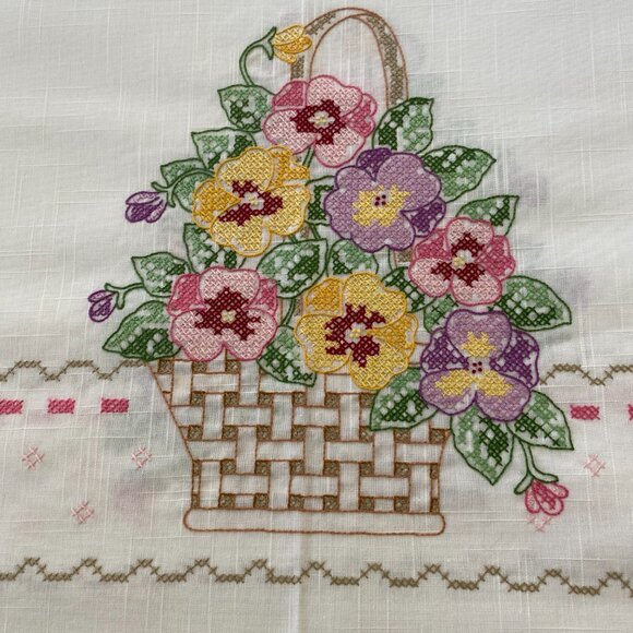 Vintage Hand Embroidered Pansy Tablecloth - Picture 3 of 7